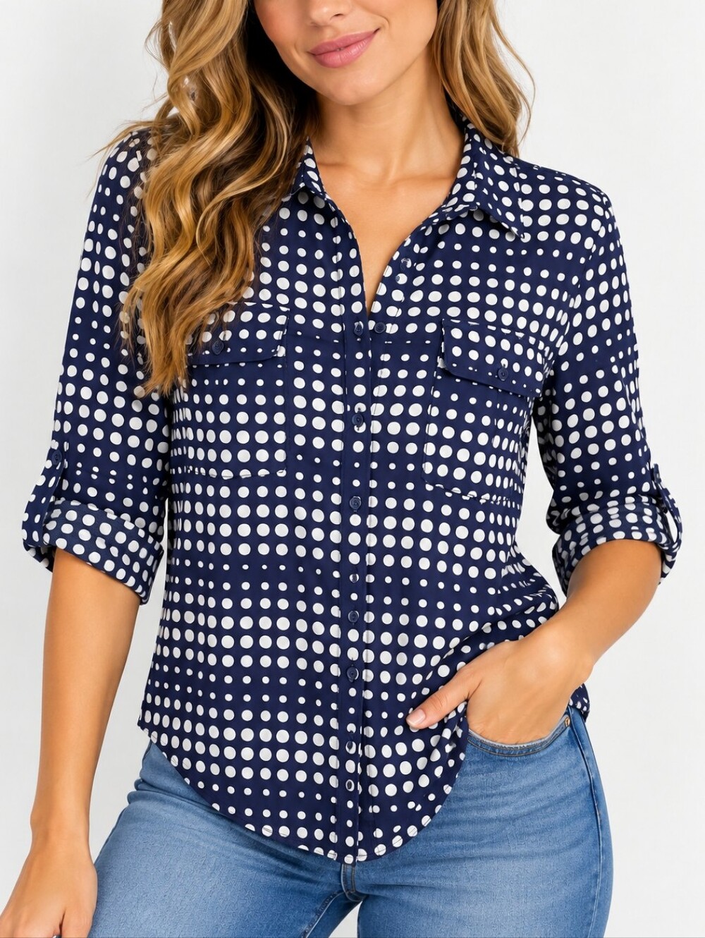 NOTATIONS | Women's Navy Blue & White Polka-Dot Button-Front Shirt. Size L
